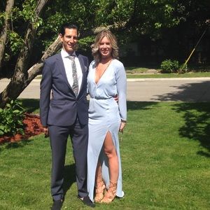 Soft periwinkle blue 70s inspired floor length dress